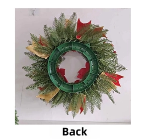 Detailed back view of Christmas wreath showing sturdy green plastic support frame structure