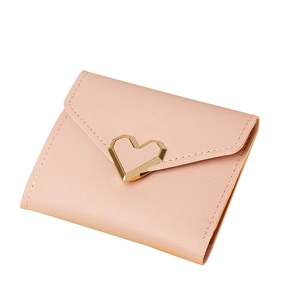 Pink PU leather tri-fold short wallet for women featuring golden geometric heart buckle