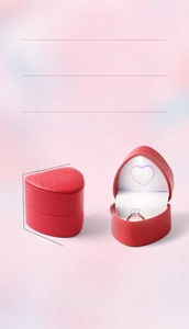 Macro detail of red heart LED ring box featuring velvet lining and precise dimensions