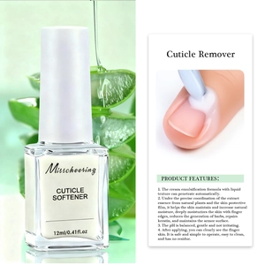 Macro detail of 12ml aloe cuticle softener in clear glass bottle for nail care treatment
