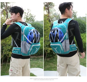 Outdoor cycling backpack with helmet storage and side mesh pockets for water bottles