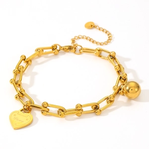 Bracelet à maillons en U plaqué or 18 carats avec breloque cœur Love et perle en acier inox