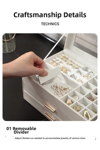 Detail of jewelry box featuring adjustable dividers and removable partition design