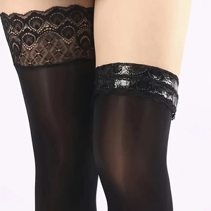 Detail of glossy black sheer thigh-high stockings with non-slip floral lace top