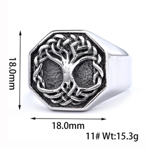 Detail view of silver stainless steel Tree of Life ring showing 18mm face diameter