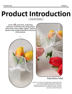 Close-up of artificial tulips with white mesh wrap, pearl trim and Love Is Eternal ribbon
