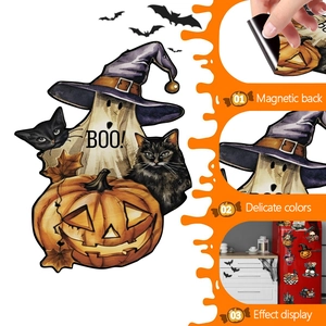 Halloween magnetic fridge stickers set featuring ghosts, pumpkins, and black bats on metal