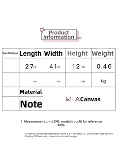 Detailed size chart showing canvas backpack dimensions 27x41x12 cm and care instructions