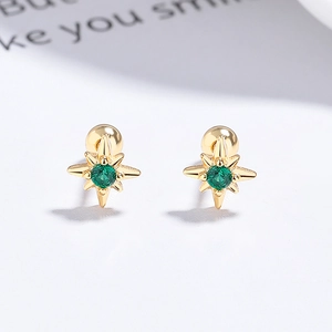 Elegant 925 sterling silver star stud earrings with gold plating and green zircon stone