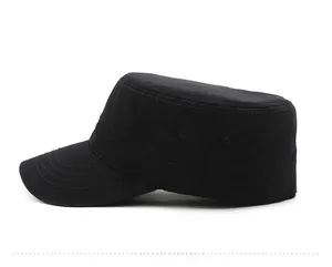 Side view of black cotton military flat top cap with vent holes and reinforced stitching