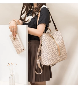 Fashionable printed backpack and matching long wallet set with geometric pattern for women