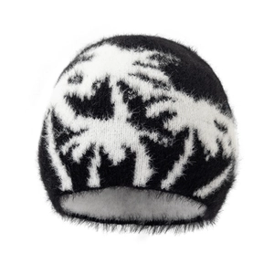 Unisex fuzzy knit beanie with white palm tree pattern on black mohair textured fabric