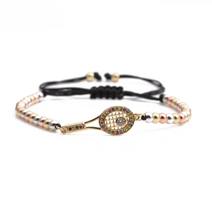 Tennis racket bracelet with multicolor zircons and tri-color metal beads on black cord