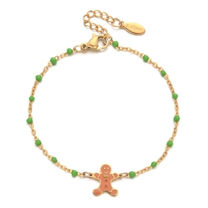 Detail of gingerbread man charm on stainless steel chain with green beads and clasp