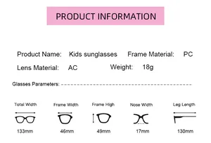 Size chart for kids round sunglasses showing dimensions and PC frame material details