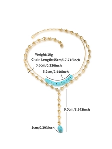 Detailed size map of Y-shaped gold necklace with turquoise beads and heart chain links