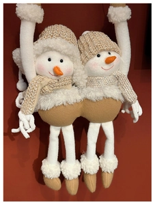 Detail of plush Christmas snowman hanging ornaments with knitted hats and striped scarves