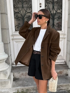 Women's dark brown faux suede blazer with single-breasted design and three-button closure
