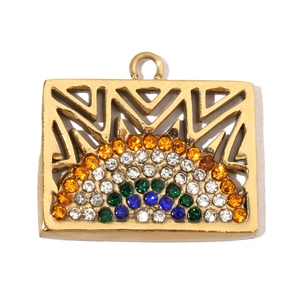 Macro detail of a rectangular gold-plated pendant featuring vibrant multi-colored gemstones