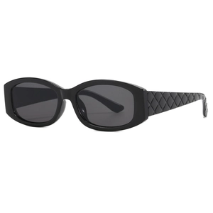 Retro black oval sunglasses with quilted textured temples and bold rectangular frames