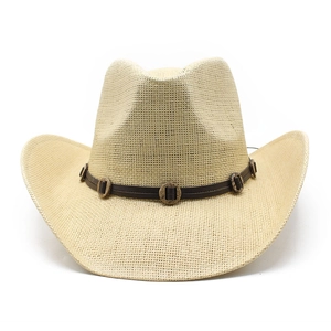 Handwoven straw cowboy hat with wide brim and decorative leather band in beige