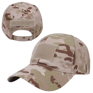 Detail of camouflage tactical cap with ripstop fabric and adjustable Velcro straps