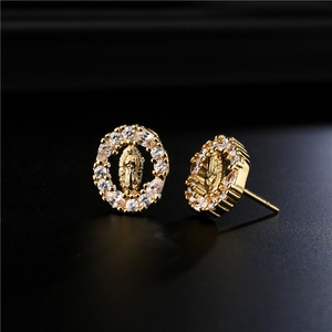 Virgin Mary Religious Stud Earrings Gold Plated Copper Oval Relief Micro Pave Cubic Zirconia Retro Ethnic Jewelry For Women