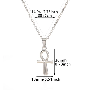 Silver stainless steel Ankh pendant necklace with detailed size measurements in inches
