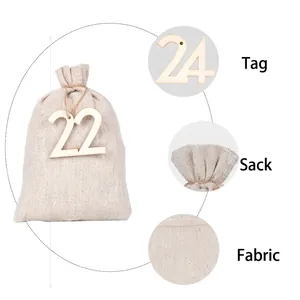 Christmas cotton drawstring gift bag with wooden number tags for advent calendar countdown