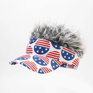 Detail of creative visor hat featuring grey synthetic wig and US flag star pattern
