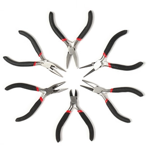 Detailed six-piece precision jewelry pliers set with ergonomic red and black handles