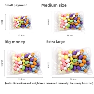 Size chart for colorful Easter foam eggs showing dimensions from small to extra large