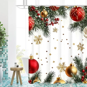 Digital print Christmas shower curtain with red baubles and pine branches for bathroom décor