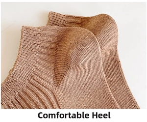 Close-up of a khaki cotton knit sock showing the reinforced comfortable heel and ribbed cuff