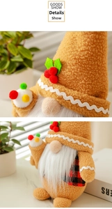 Detail of a Christmas gnome with brown plush hat, white beard, and plaid fabric outfit