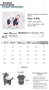 Detailed size chart for waterproof dog pants from S to XXL with measurement guidelines