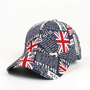 Detail of British Union Jack graffiti print and vintage lettering on the baseball cap