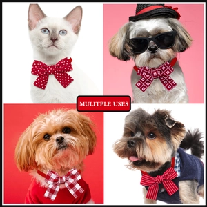 Red pattern pet bow tie set with polka dots and plaid for small dogs and cats