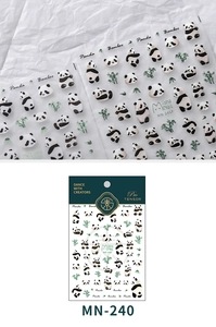 Close-up of MN-240 3D panda and bamboo nail stickers with premium paper packaging