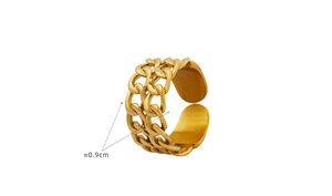 Detail view of gold double-layer hollow chain ring with width dimension of 0.9cm