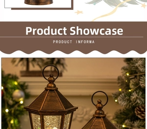 Detail of vintage bronze Christmas lantern with LED snowman scene and festive sparkles