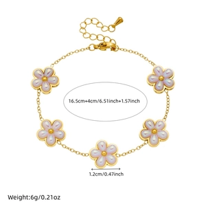 Gold stainless steel pearl flower bracelet with iridescent charms and dimensions