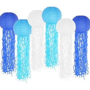 Set of 6 jellyfish paper lanterns in blue and white with tassels for ocean themed parties