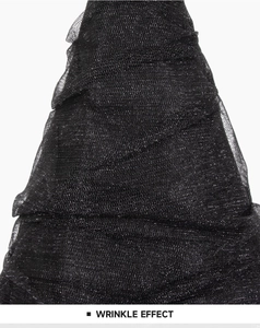 Detail of black mesh fabric with wrinkle effect and silver glitter for witch hats