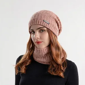 Dusty pink winter knit beanie hat and scarf set with thick warm fleece lining for adults