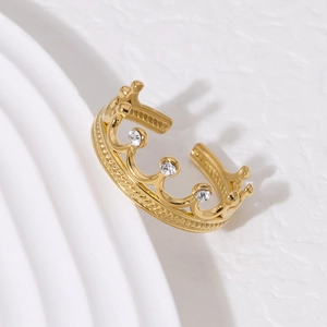 Elegant 18K gold-plated stainless steel crown ring featuring white zircon accents