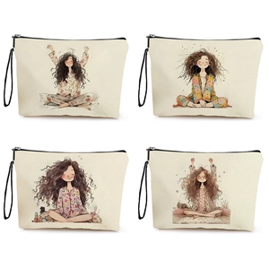 Trousse De Maquillage En Lin Avec Dragonne Grande Capacité Fermeture Éclair Imprimé Fille Artistique Organisateur De Voyage