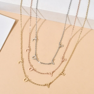 Minimalist LOVE letter necklaces in gold, rose gold and silver stainless steel