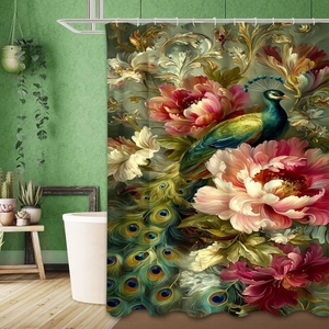 Kunstdruck-Duschvorhang mit Pfauen- und Pfingstrosenmuster für elegante Badezimmerdeko
