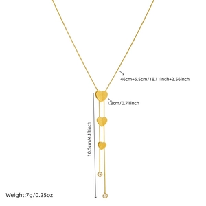 Gold plated stainless steel long Y-necklace with frosted heart pendants and rhinestones